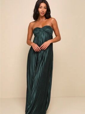 Lulu's Strapless Pleated Maxi Dress in Deep Teal